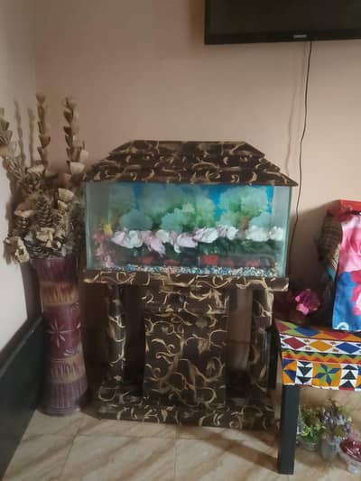Beautiful  decurated fish tank and wooden display table