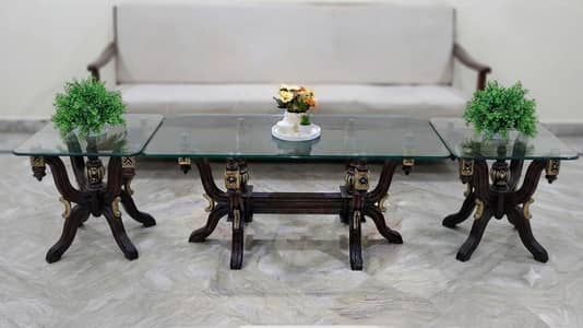 Solid Wood 3-Piece Table set with Glass top-Excellent Condition