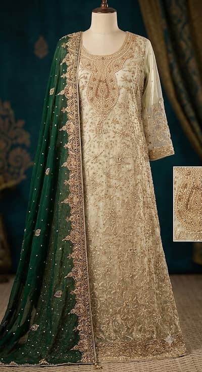 Luxury Bridal Maxi for Sale | Heavy Hand Embroidered Dress | Off White