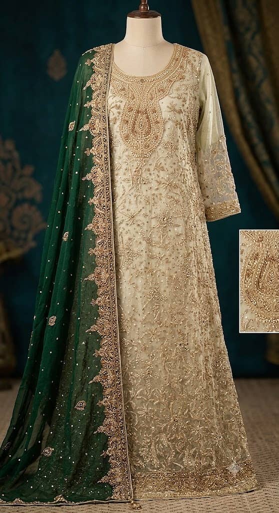 Luxury Bridal Maxi for Sale | Heavy Hand Embroidered Dress | Off White 0