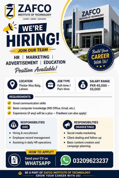 Best oppertunity for Everything. And send your cv on ads given number