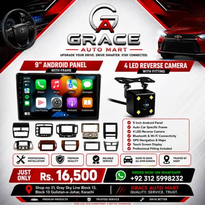 9" Android Panel with Frame & 4-LED Reverse Camera Installation