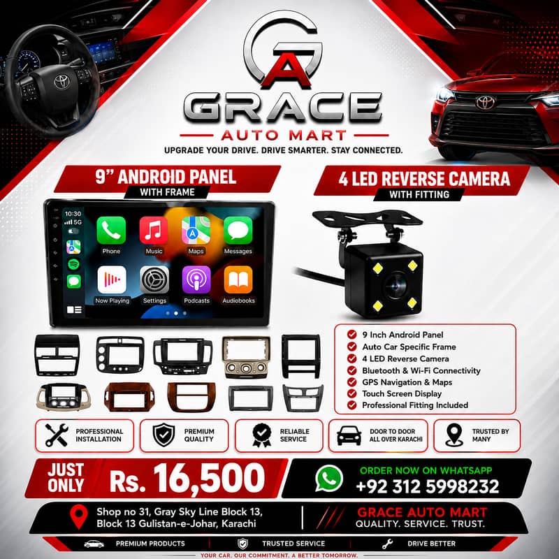 9" Android Panel with Frame & 4-LED Reverse Camera Installation 0