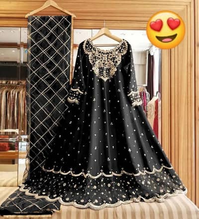 Designer Black Embroidered Maxi Dress with Organza Dupatta