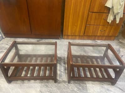 Pair of Wooden Glass-Top Side Tables