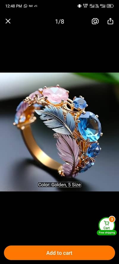  Elegant Golden Feather Crystal Ring