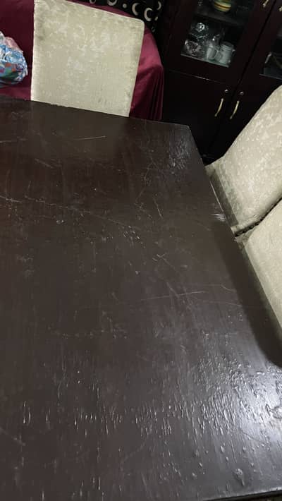 6-Seater Wooden Dining Table with Glass Top + Chairs | Mid Condition