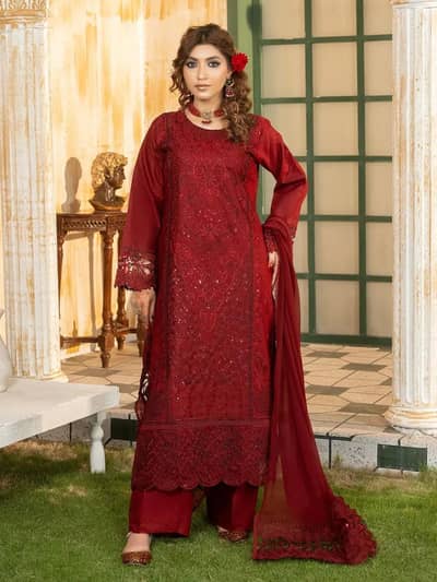 simt-u3b maroon embroidered lawn suit for women  3 pcs suit