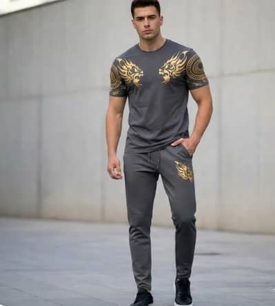 Men Grey Lion Printed Slim Fit Track Suit 2Pcs