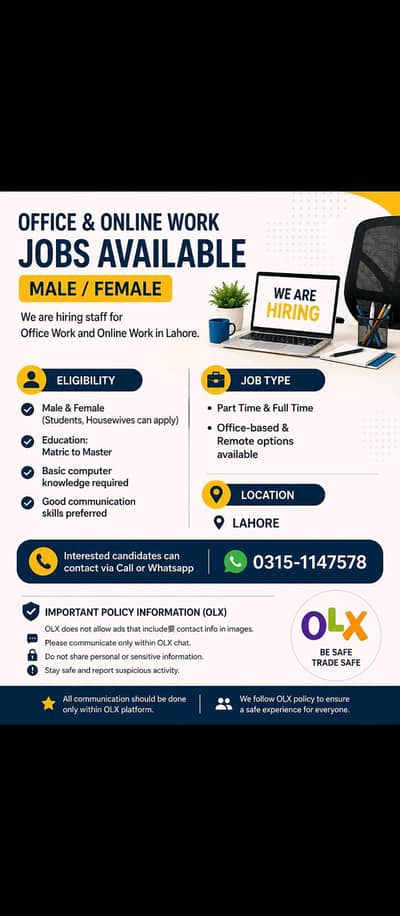 Office & Online Work Jobs Available – Male/Female