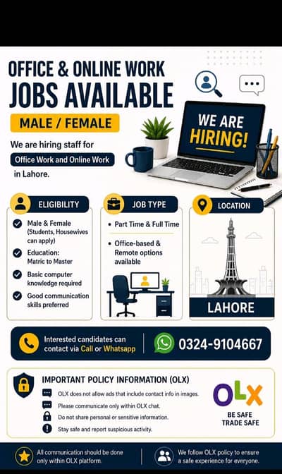 Office & Online Work Jobs Available – Male/Female