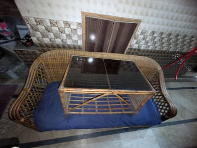 Cane sofa set + Matching Glass-Top Coffee Table | Solid wicker
