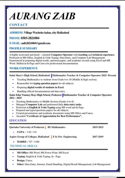 Computer Operator with 2 years experience | MS Office, Data Entry, HFZ