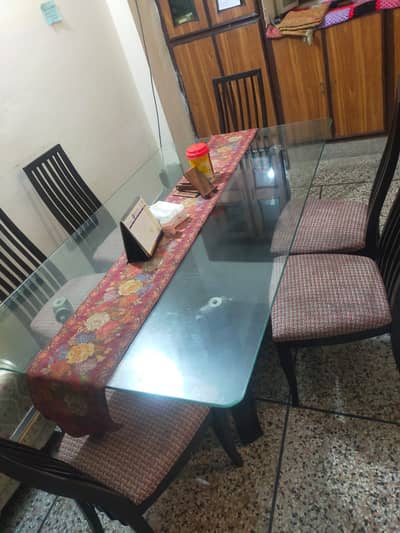 13mm GLASS TOP WOODEN DINING TABLE SET WITH 06 CHAIRS FOR SALE