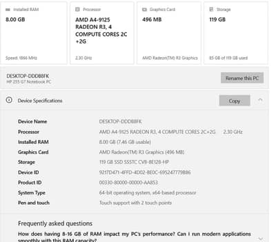 HP 255 G7 Notebook - 8GB RAM - 128GB SSD - Good Condition