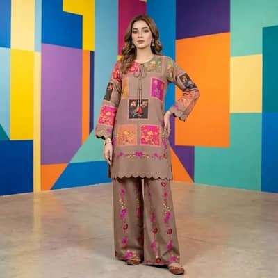 2 Pcs Women's Stitched Arabic Lawn Printed Shirt And Trouser
