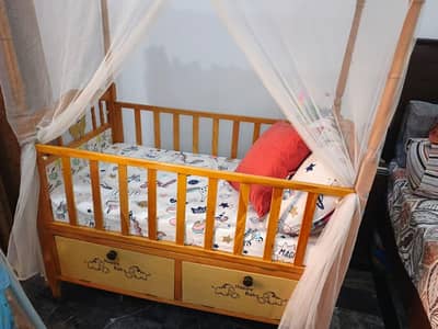 Wooden Baby Cot/Bed with Mattress, Mosquito Net and Storage Drawers
