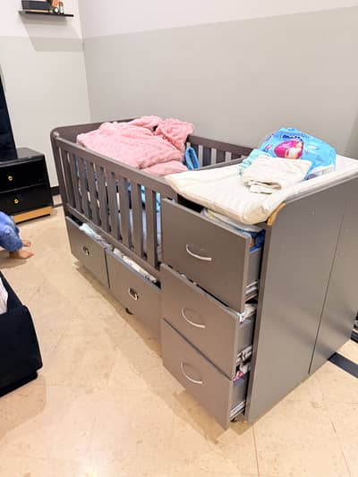 Baby cot with storage, Mattress and 5 inch mattress topper