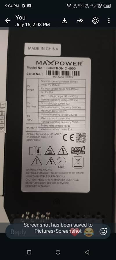 Max Power suntronic Hybrid solar inverter 3KW