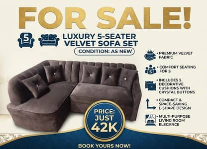 Premium Velvet 5-Seater L-Shape Sofa Set + 5 Cushions