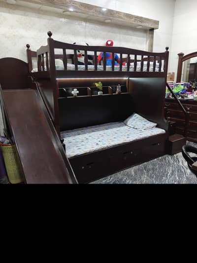 solid wooden bunk bed with slide and stairs
