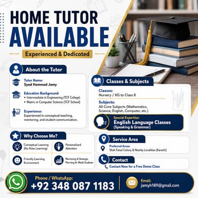 Experienced Home Tutor for Class 1 to 8 & English Language
