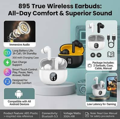 895 Bluetooth 5.3 Earbuds - Deep Bass & HD Voice