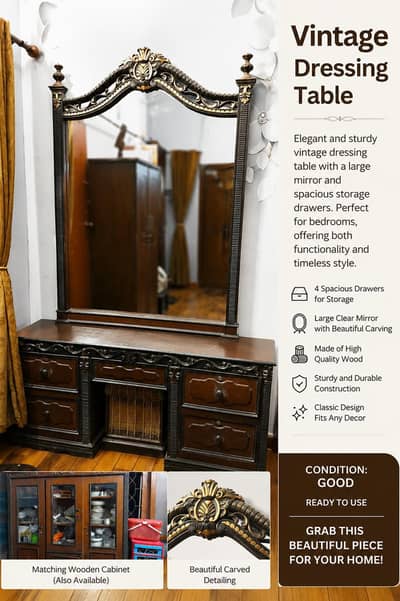 Vintage Wooden Dressing Table with Large Carved Mirror