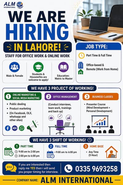 *OLX title* Office & Online Work Jobs Available – Male/Female (Lahore)