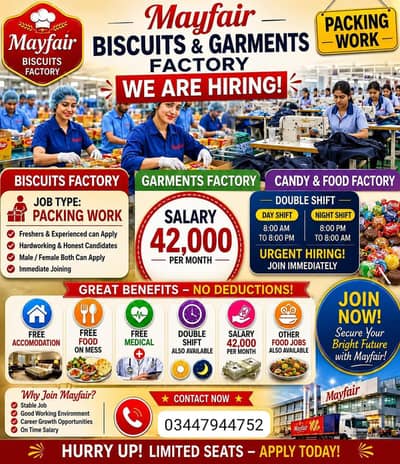 need urgent staf for biscuits parking factory job