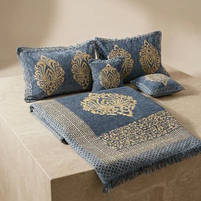 Double Bedsheet Set Velvet Jacquard Blue Gold Embroidery