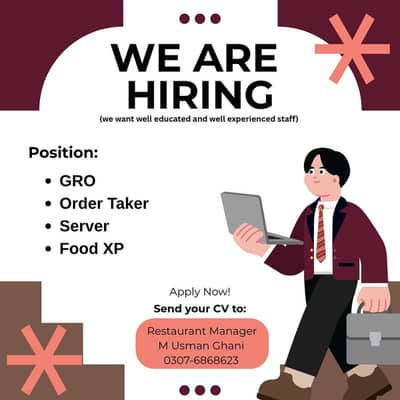 Staff Require for Restaurant GRO, Order Taker, Server