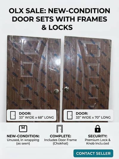 2 Wooden Doors with Frames & Locks – Like New Condition