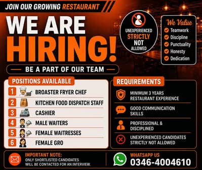 Broast Fryer Chef & Cashier & other staff Required