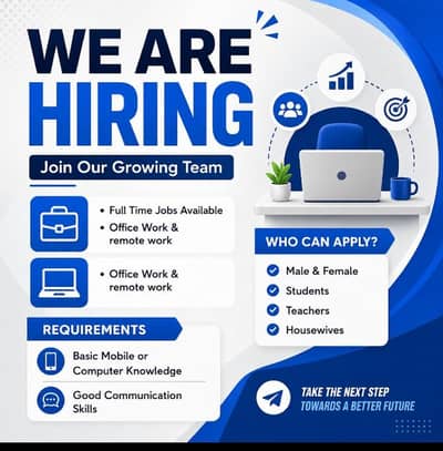 URGENT HIRING MALE OR FEMALE LOCATION AT LAHORE