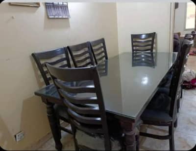wood&glass dining table with 8 chairs