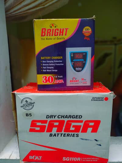 SAGA 12V 70Ah Battery 11 plate with charger Bright 30AMP  charger