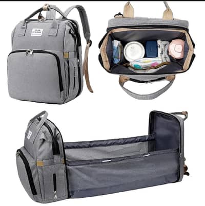 Multifunctional diaper bag backpack features a foldable baby crib