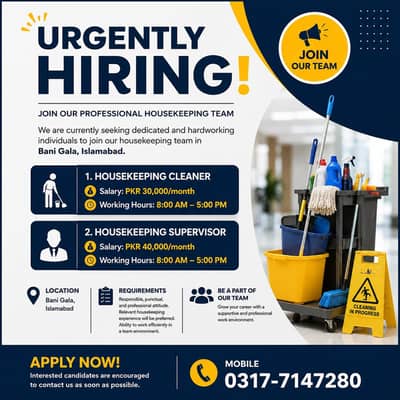 urgent hiring Housekeeping Cleaners & Supervisors  *