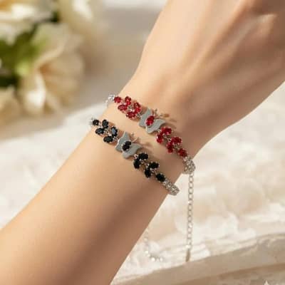Silver Butterfly Bracelet with Red & Black Stones