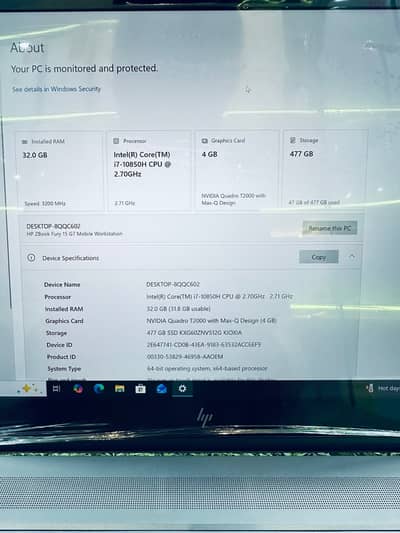 HP ZBook Fury G7 Core i7 10th Gen 32GB 512 SSD