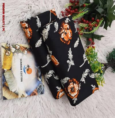 unstitched printed  cotton suit black orange floral 2pc