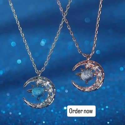 Moon Pendant Necklace with Aqua Stone & Golden Plated Chain*