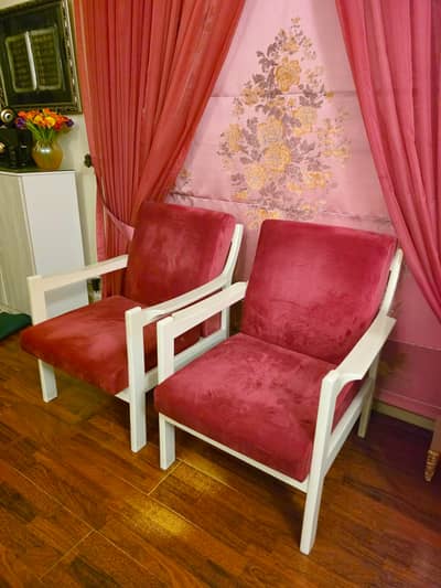Pair of Solid Diyar Wood Accent Chairs - White Deco finish and Pink V