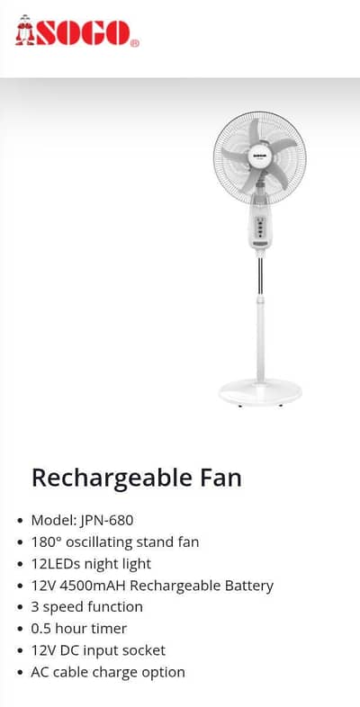 SOGO Stream JPN-680 Rechargeable Fan