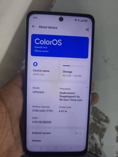 OPPO A3x.  4/128 GB PTA. 03193486386