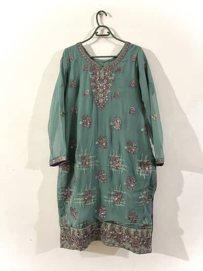 Sea Green Shalwar kameez (worn once) with Purple and Gold embroidery
