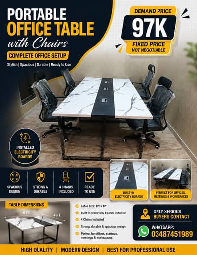 Portable Office Table with 4 Chairs | 8x4 Executive Workstation