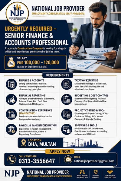 Senior Finance & Accounts Professional (Construction Company)