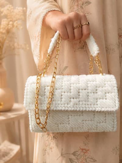 Premium Soft Velvet Crochet Handbag with Gold Chain Strap –